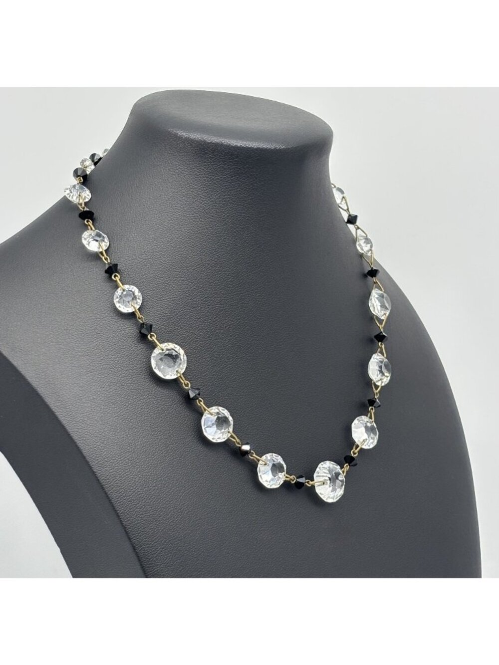 Antique Czechoslovakia Necklace Art Deco Faceted Crystal and Black Glass Bicones